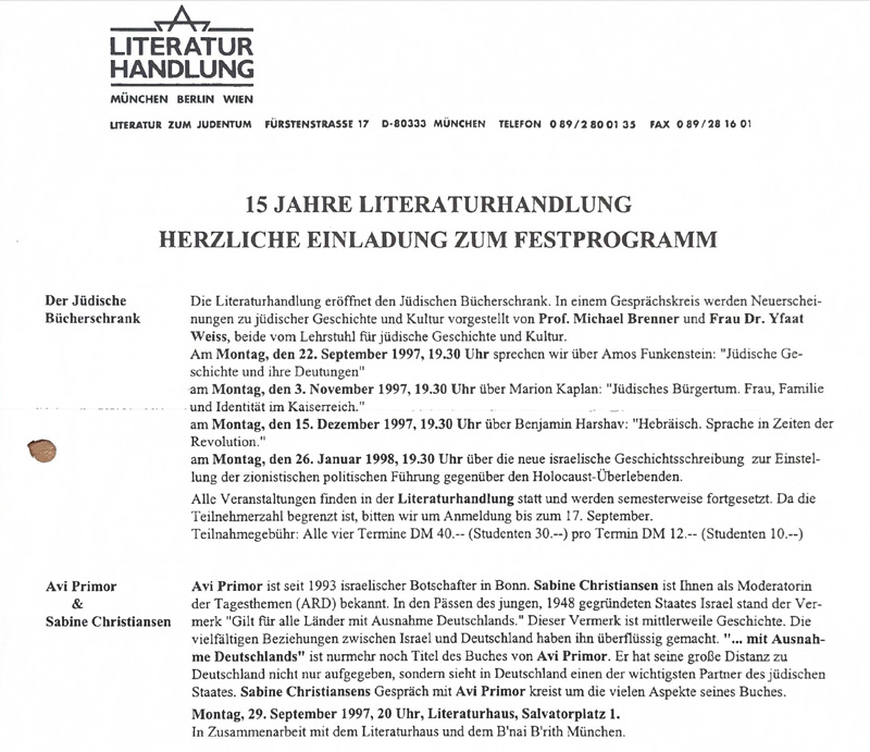 Papier mit Veranstaltungsprogramm der Literaturhandlungen, Lesungstermine des Jüdischen Bücherschrankes im Rahmen des Festprogramms «15 Jahre Literaturhandlung»