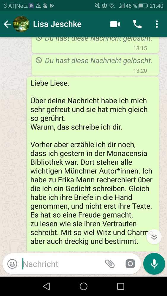 WhatsApp zwischen Theresa Seraphin und Lisa Jeschke als Erika Mann und Therese Giehse.