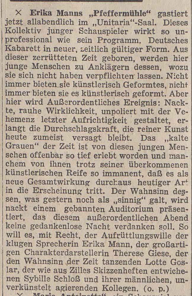 Besprechung der Pfeffermühle durch Otto Pick in der Prager Presse vom 20.1.1935, S. 11.