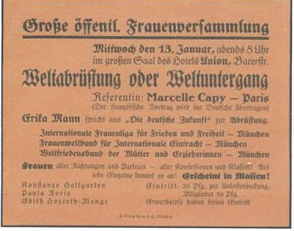 Plakat zur Frauenfriedensversammlung am 13. Januar 1932 - Initialmoment zur Politisierung von Erika Mann.