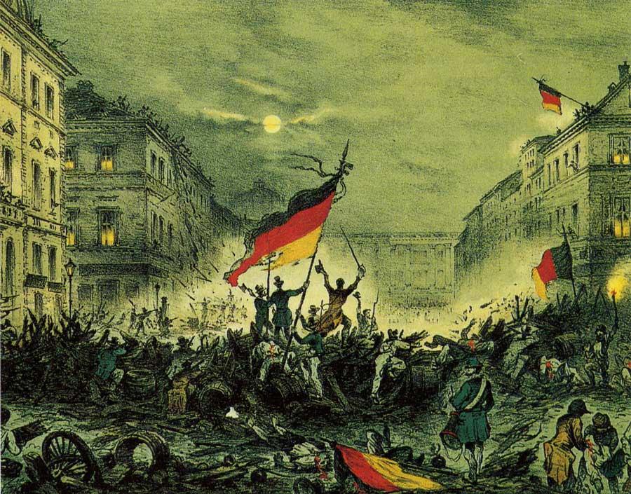 Jubelnde Revolutionäre nach Barrikadenkämpfen am 18. März 1848 in der Breiten Straße in Berlin, Wikimedia Commons, gemeinfrei.