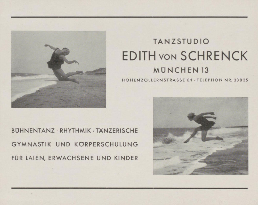 Werbekarte der Tanzschule von Schrenck in München; Quelle: Nachlass Edith von Schrenck, Waldemar-Bonsels-Stiftung, Münchner Stadtbibliothek / Monacensia