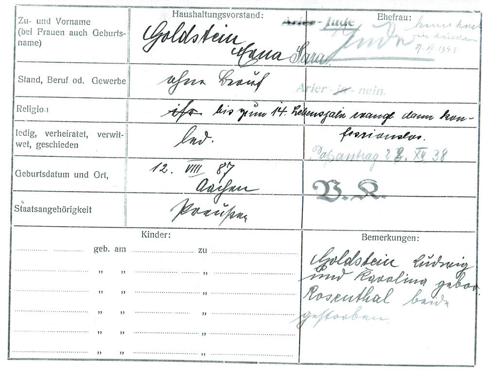 Kopie der Meldekarte von Erna Goldstein; Quelle: Stadtarchiv Starnberg. Mit herzlichem Dank.]