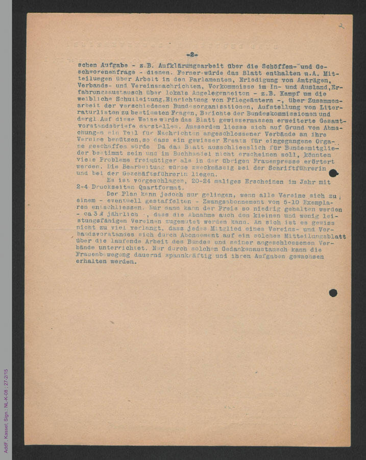 Bekanntmachung des Gründungsbeschlusses für das BDF-Bundesorgan „Nachrichtenblatt“ von Dorothee von Velsen 1921 (AddF, Kassel, Sign.: NLK08_27-02-015)