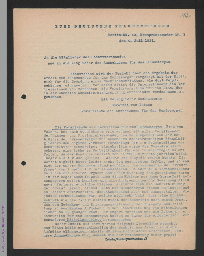 Bekanntmachung des Gründungsbeschlusses für das BDF-Bundesorgan „Nachrichtenblatt“ von Dorothee von Velsen 1921 (AddF, Kassel, Sign.: NLK08_27-02-015)