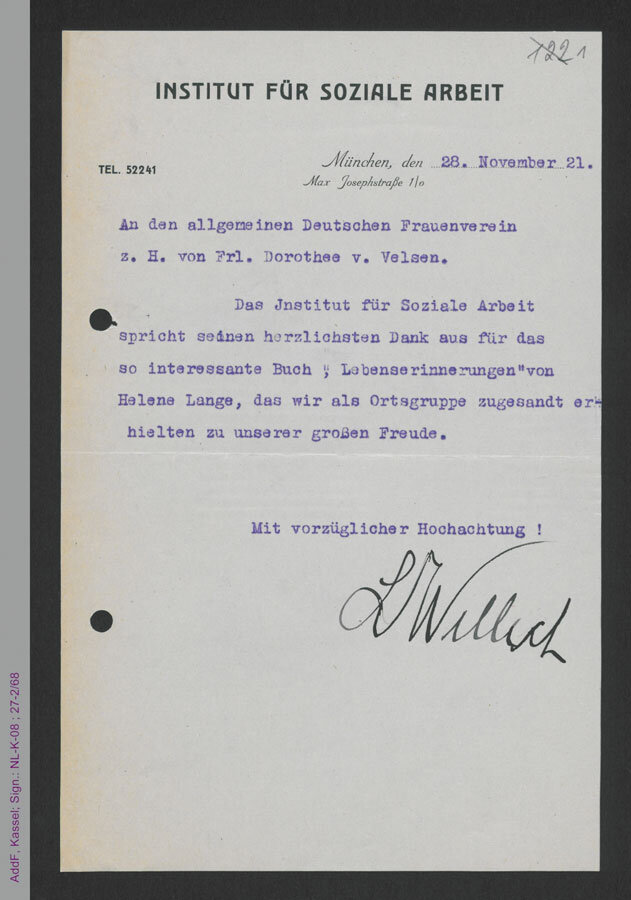 Dankschreiben des Instituts für Soziale Arbeit an Dorothee von Velsen für das Zusenden der Autobiografie „Lebenserinnerungen“ von Helene Lange, 1921 (AddF, Kassel, Sign. NLK08_27-02-068)