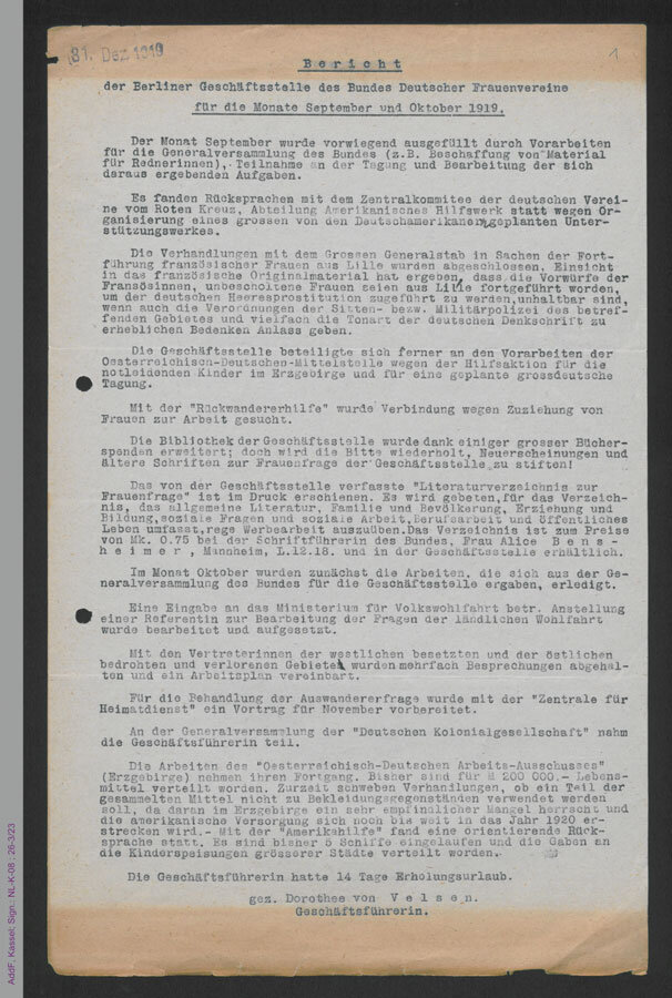 Quartalsbericht der Berliner BDF-Geschäftsstelle, Sept.-Okt. 1919, verfasst von Dorothee von Velsen als Geschäftsführerin des BDF (AddF, Kassel, AddF_NLK08_26-03-023)