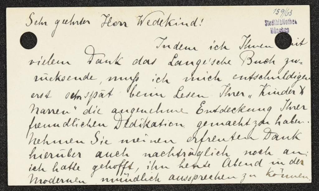 Anita Augspurg an Frank Wedekind, Visitenkarte, Juni 1891. Monacensia, FW B 4, S. 1.