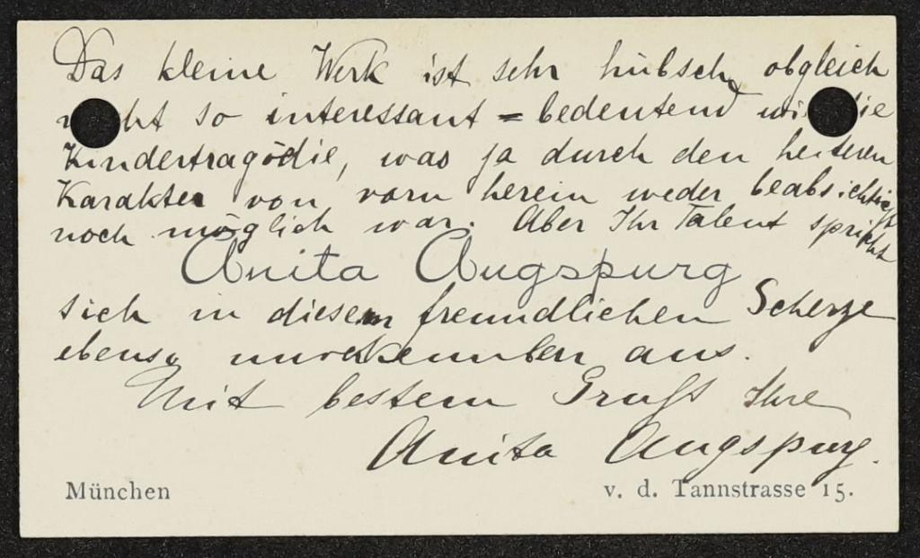 Anita Augspurg an Frank Wedekind, Visitenkarte, Juni 1891. Monacensia, FW B 4, S. 2.