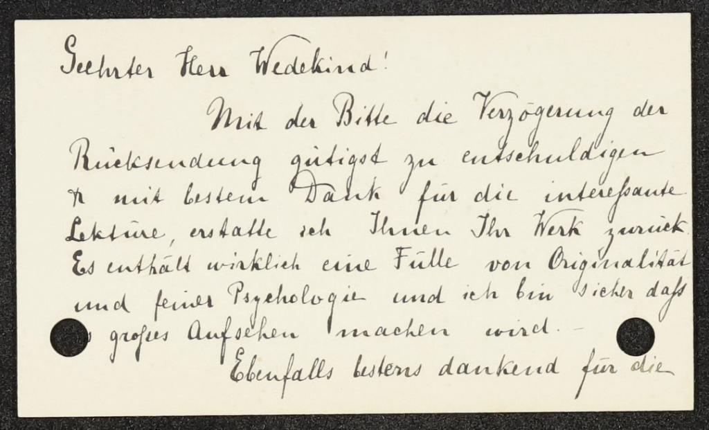 Anita Augspurg an Frank Wedekind, Visitenkarte Mai 1891. Monacensia, FW B 4, S. 1.