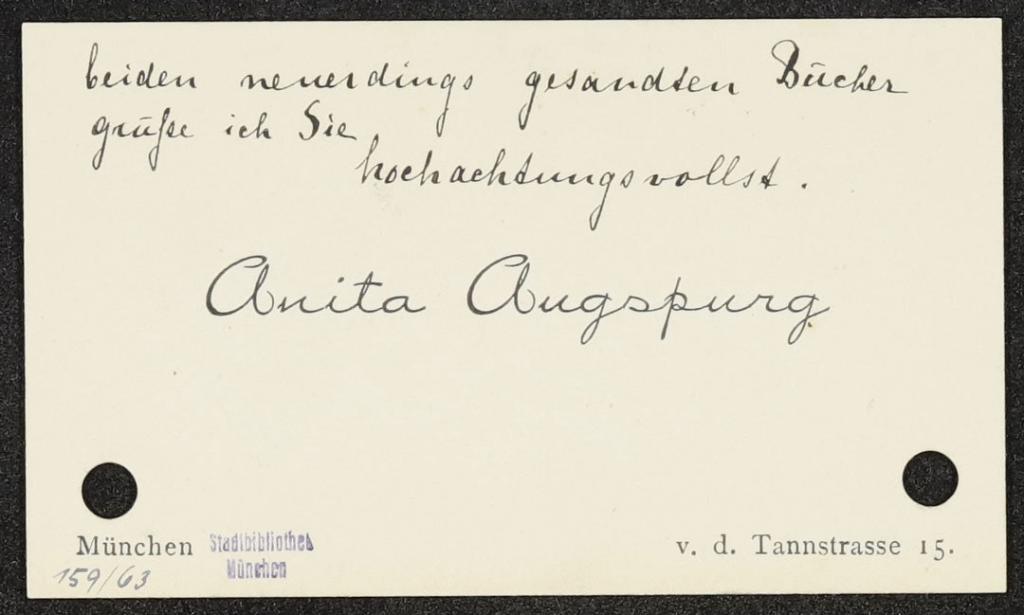 Anita Augspurg an Frank Wedekind, Visitenkarte Mai 1891. Monacensia, FW B 4, S. 2.