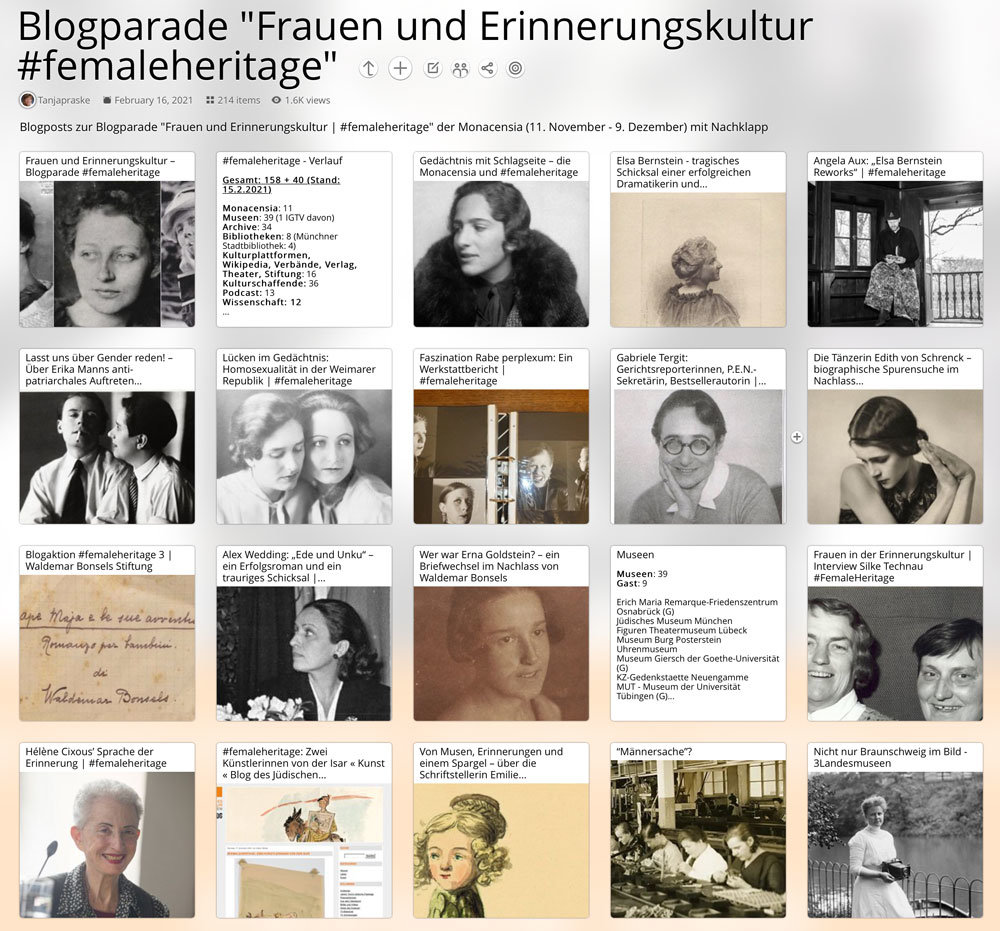 Pearltrees: Dokumentation der Blogparade "Frauen und Erinnerungskultur | #femaleheritage", strukturiert nach Hintergrund der Teilnehmenden.