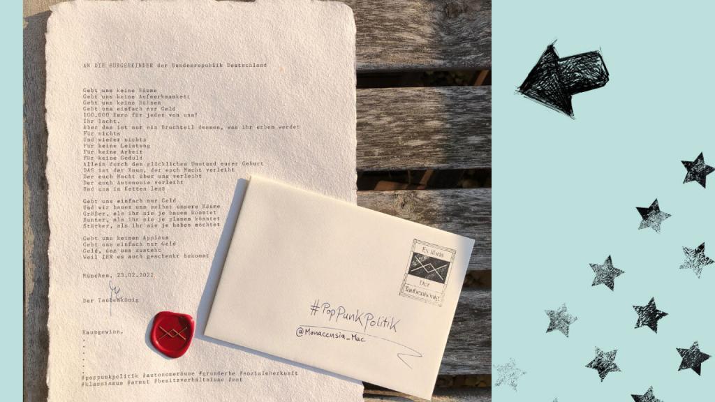 Brief mit Gedicht "An die Bürgerkinder" - eine Forderung auf Grunderbe. Auf dem Brief mit rotem Siegel liegt ein Briefumschlag beschriftet mit #PopPunkPolitik und @Monacensia_Muc. Ein Briefmarkenaufdruck im Design des Taubenkönigs und Siegel