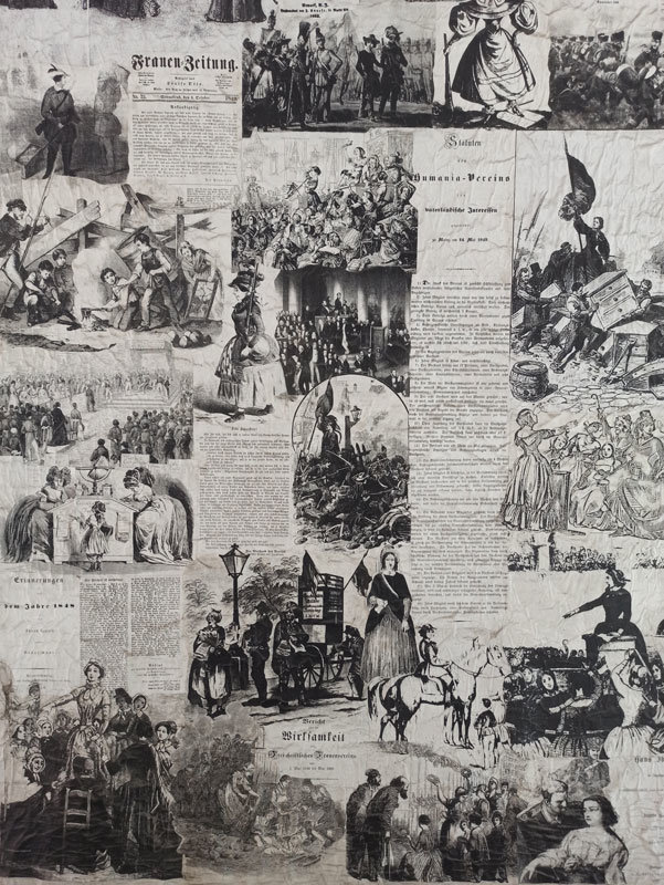 Ausschnitt aus der Collage „Frauen der 1848er Revolution“, Papier auf Stoff, 3x5m, 1998, AddF Kassel. #FrauenDerBoheme