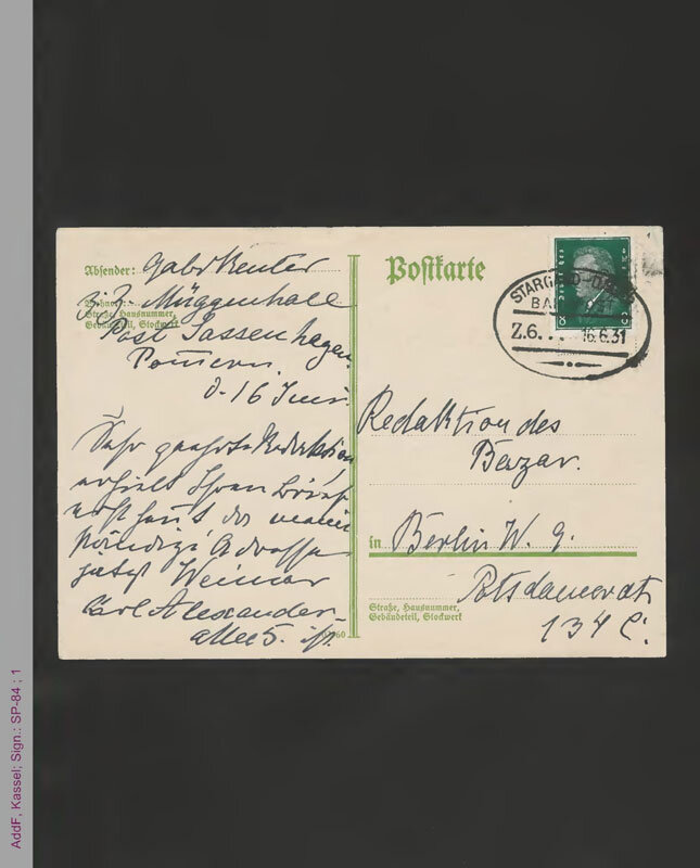 Postkarte von Gabriele Reuter an die Redaktion des „Bazar“, 16.06.1931, AddF Kassel Signatur AddF-SP084-01-1. #FrauenDerBoheme