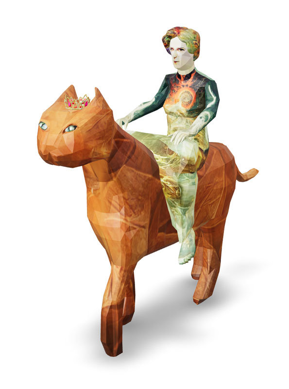 AR-Monument “M-L von Franz and the Cat Princess Riding into the Light of Feminine Redemption” (Marie-Louise von Franz, Psychologin) von Carla Gannis; Credit: Carla Gannis. #MakeUsVisible x denkFemale – #FemaleHeritage.