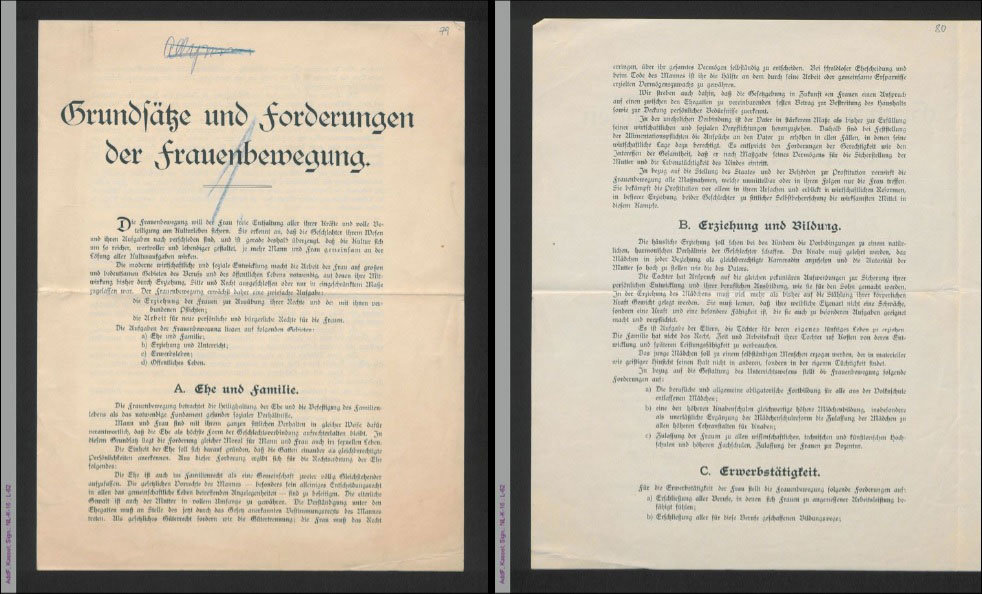 Grundsätze und Forderungen der Frauenbewegung, Flugblatt aus der Sammlung: Frauenfrage. Allgemeines. 1926-1932 des Deutsch Evangelischen Frauenbundes, AddF Kassel, Signatur NL-K-16 ; L-62, Rechte vorbehalten – freier Zugang. #FrauenDerBoheme