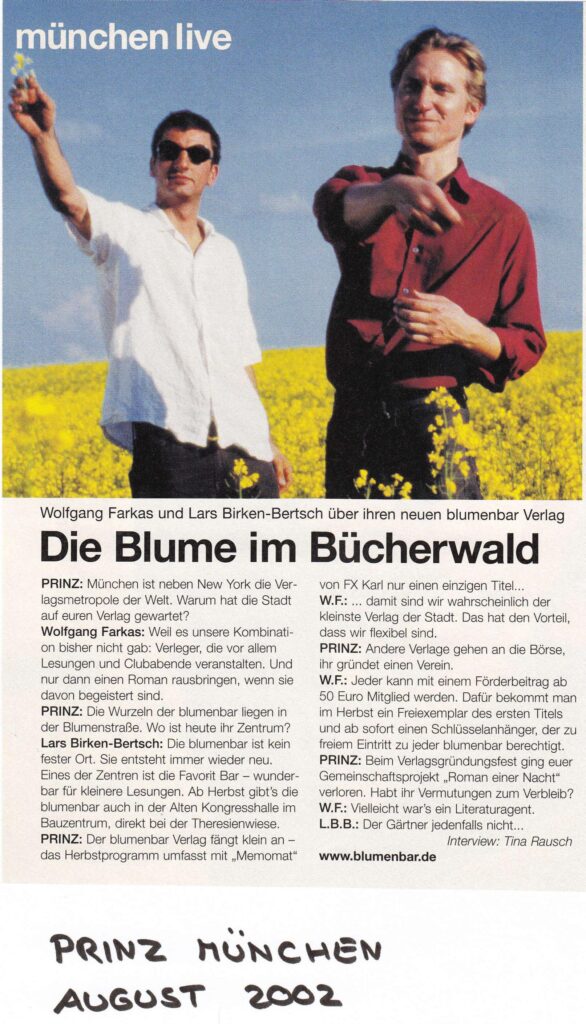 Interview mit den beiden Blumenbar-Gründern im Jahre 2002 in der Zeitschrift PRINZ München