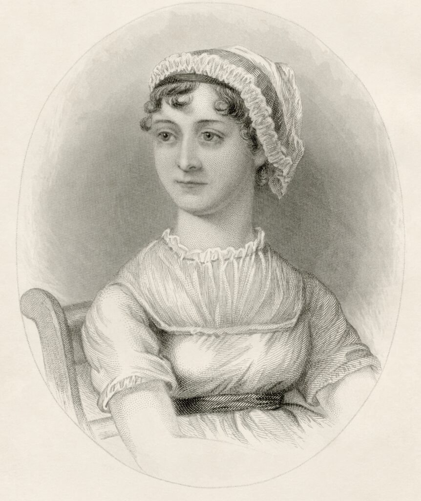 Die britische Schriftstellerin Jane Austen veröffentlichte ihre literarischen Werke zeitlebens anonym. Stich um 1869 nach der Skizze von Cassandra Austen. #FrauenDerBoheme. Quelle: Wikimedia Commons.