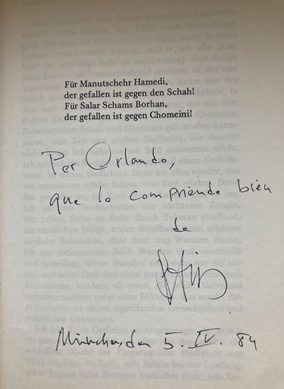 Widmung von SAID im Gedichtband „Wo ich sterbe ist meine Fremde" an Orlando Gómez „per Orlando que lo compriende bien“.