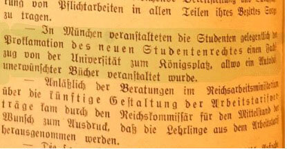 Notiz zum Fackelzug der Studierenden in ‚Das Bayerische Vaterland‘ vom 11.05.1933, S. 22 (Signatur: D Mon 7/66 ). Foto: Dorothee Zaismann. Bücherverbrennung.