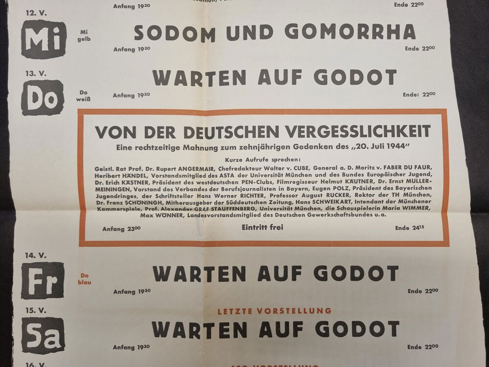 Plakat zur Veranstaltung „Von der deutschen Vergesslichkeit" der Münchner Kammerspiele. Nachlass Peschler, „Arbeitskreis 20. Juli", Literaturarchiv, Monacensia. Signatur ErPD43.