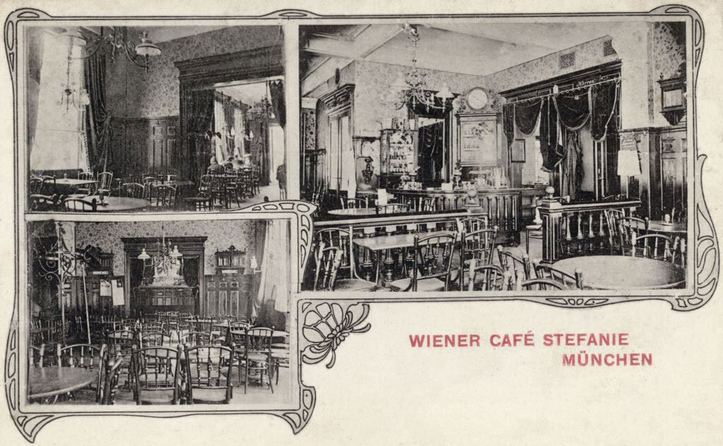 München, Wiener Café Stefanie (1895-1943), Postkarte mit verschiedenen Innenansichten, 1915. MunichArtToGo, Kaffeehaus