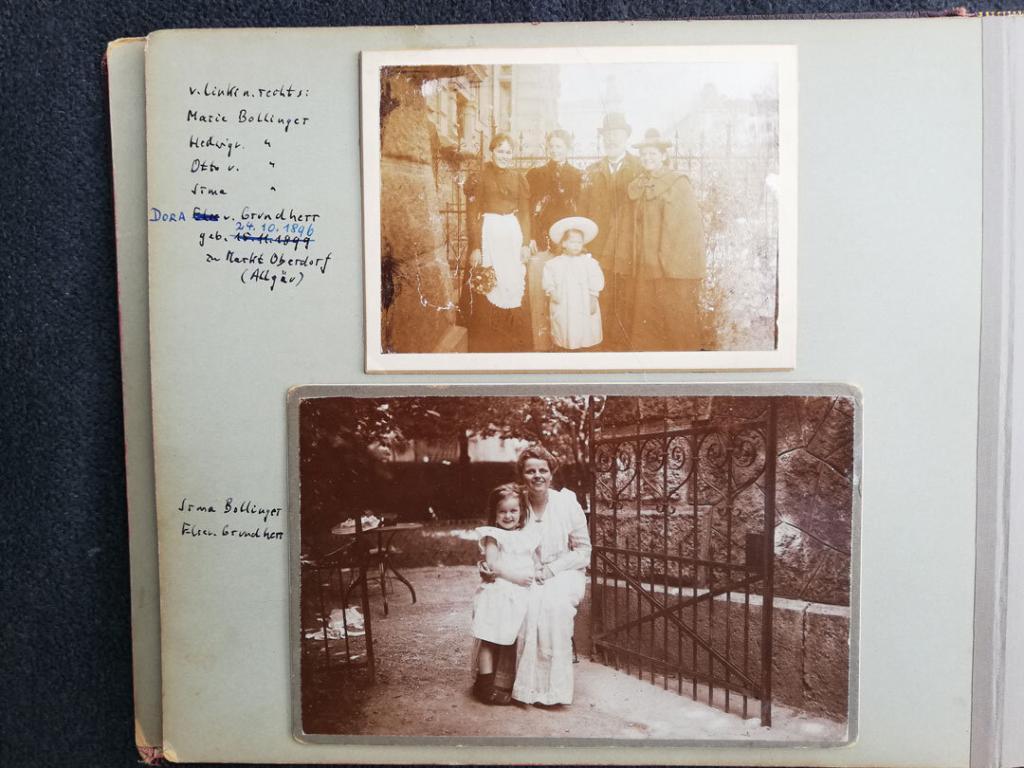 Familienalbum der Fam. Bollinger, Bild oben: Marie Bollinger, Hedwig von Bollinger, Otto von Bollinger, Irma Bollinger und Dora von Grundherr. Bild unten: Irma Bollinger und Else von Grundherr, Foto im Besitz von Jörg Watzinger.