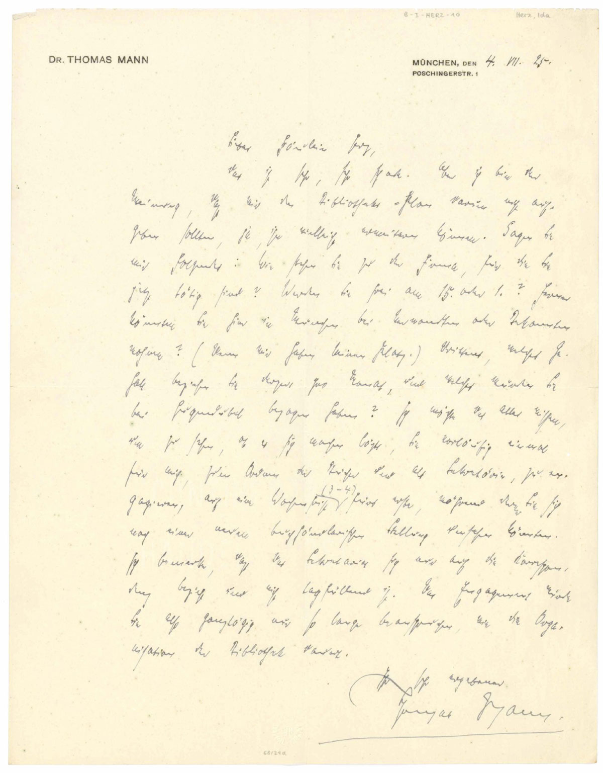 Brief von Thomas Mann an Ida Herz, 4. Juli 1925.