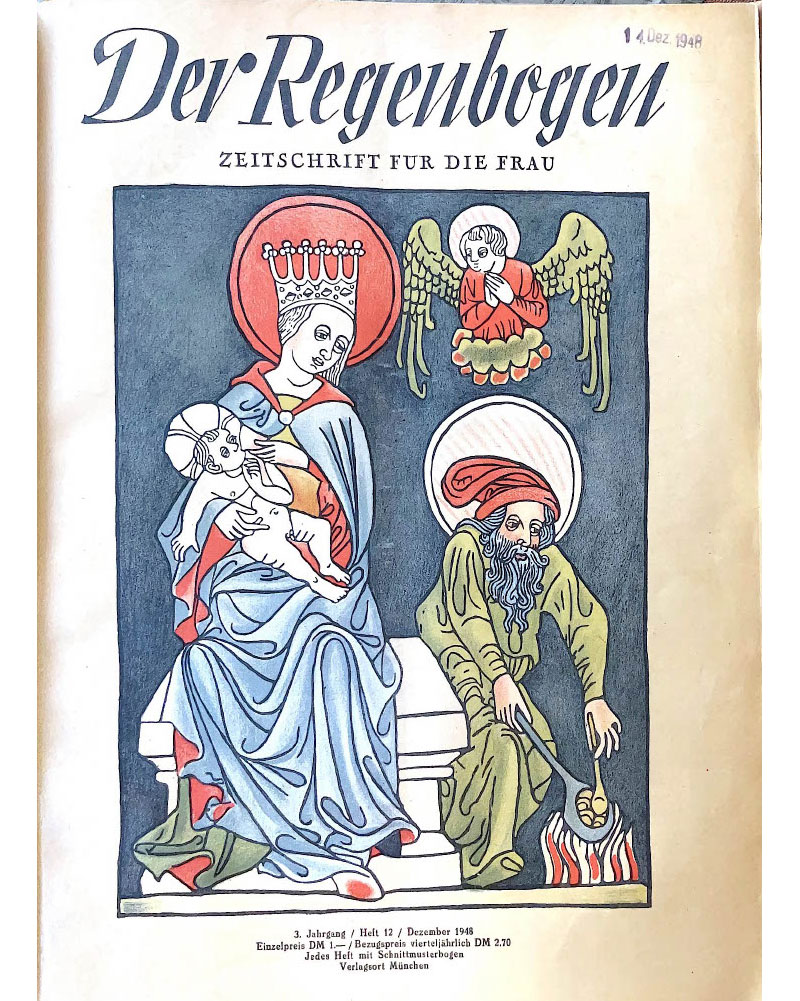 Cover zu «Der Regenbogen. Zeitschrift für die Frau»: Madonna mit Kind, rechts davon Engel, am Feuer Joseph.