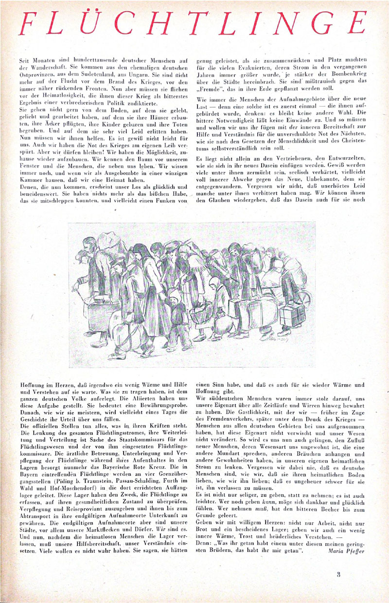 Bericht über Flüchtlinge mit Zeichnung, Ausgabe der Zeitschrift Regenbogen, März 1946