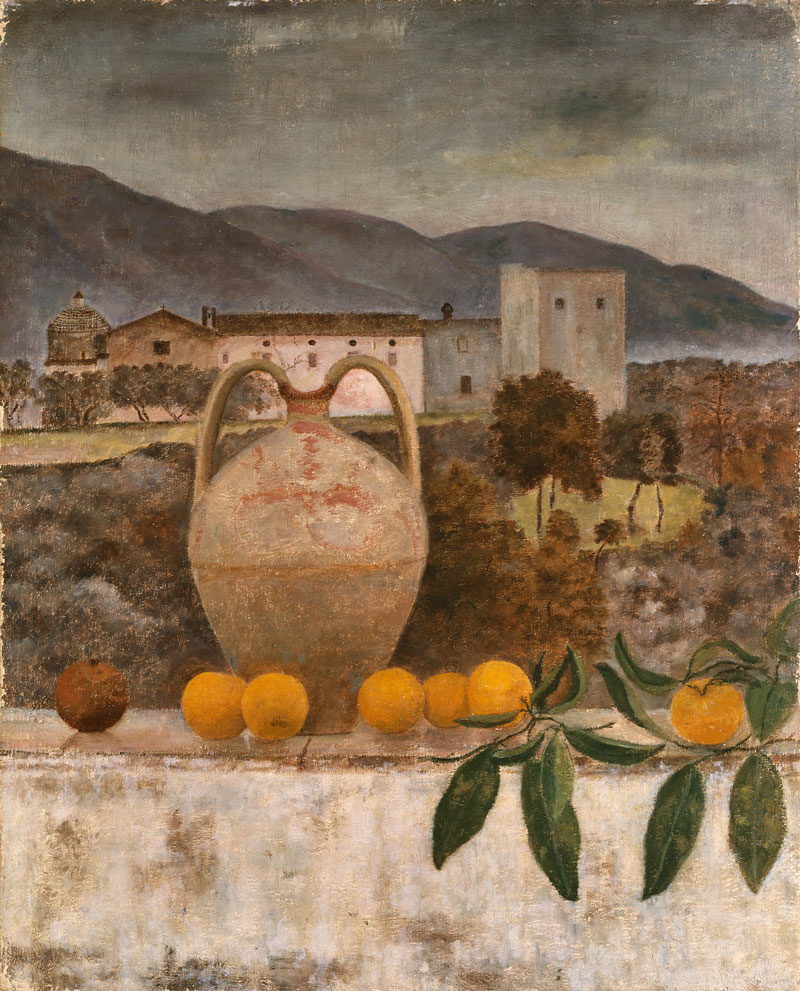 Ölgemälde von Clotilde Peploe, Vase mit Orangen auf Mauer, Le arance, Sessa Aurunca