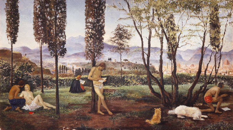 Ölgemälde von Elisabeth Brewster Hildebrand, meditierende Menschen sitzend, stehend, liegend mit Katze und Hund in idyllischer Landschaft in Italien