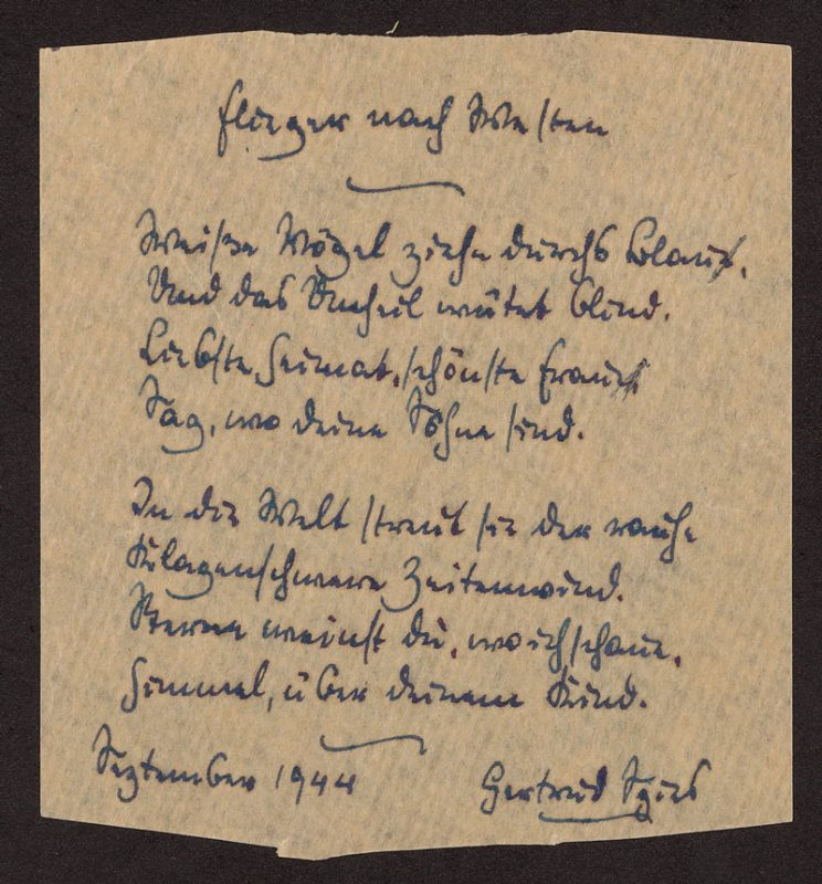 Stück Packpapier, auf dem ein Gedicht steht, betitelt "Flieger nach Westen", signiert von Gertrud Spies, 1944 in Theresienstadt.
