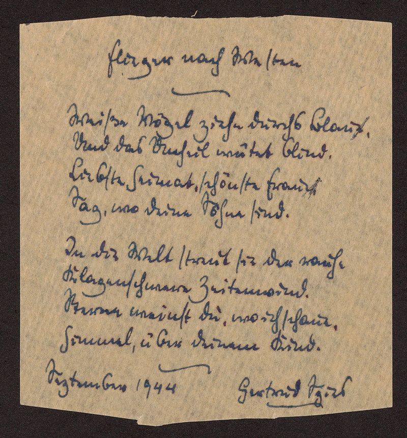 Stück Packpapier, auf dem ein Gedicht steht, betitelt "Flieger nach Westen", signiert von Gertrud Spies, 1944 in Theresienstadt.