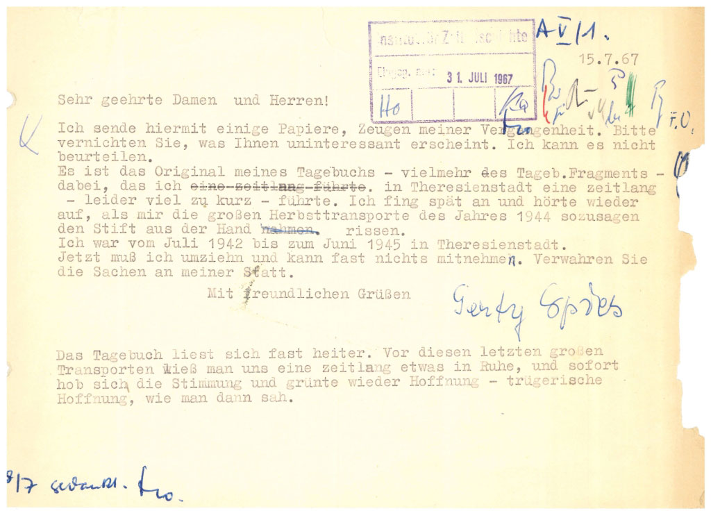 Schreiben von Gerty Spies an das Zentralinstitut für Zeitgeschichte. Darin überlässt sie dem Institut ihren Nachlass. IfZArchiv, ID200_322. cc-by-nc-sa