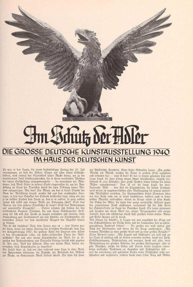 Blatt aus Zeitschrift "Münchener Mosaik" mit Titel Im Schutz der Adler. Die grosse Deutsche Kunstausstellung 1940 im Haus der Kunst. Text mit Bild von skulptierten Adler von Ernst Andreas Rauch