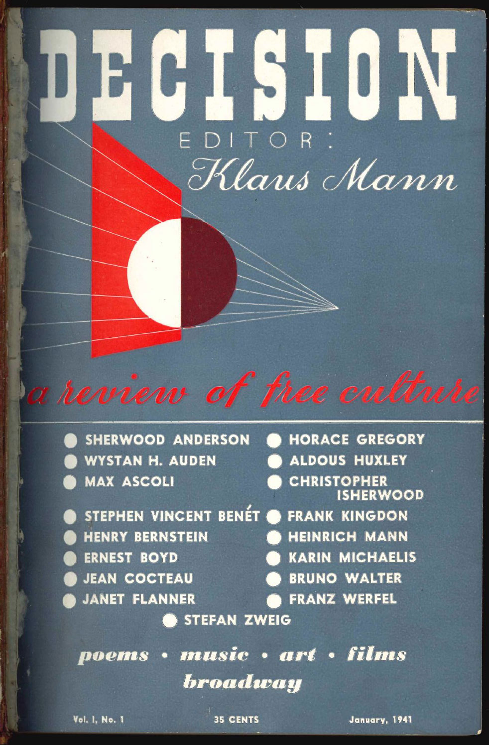 Zeitschriftencover von der «Decision», Herausgeber: Klaus Mann mit Auflistung der Schriftsteller*innen der ersten Ausgabe im Januar 1941.