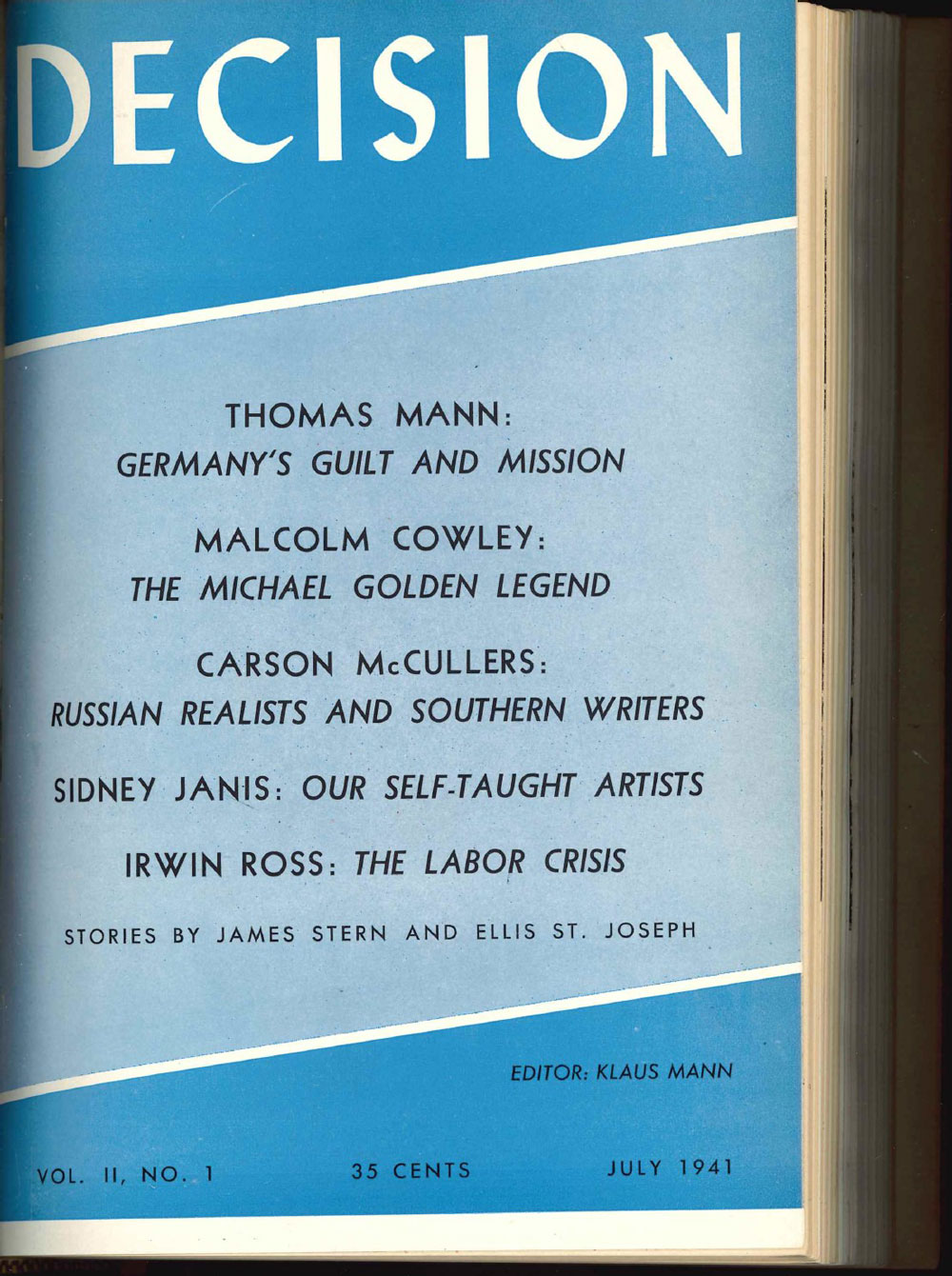 Cover der Decision, Juli 1941, mit Inhaltsverzeichnis der Artikel, darunter auch von Thomas Mann über Germany's Guilt and Mission. Herausgeber: Klaus Mann, New York