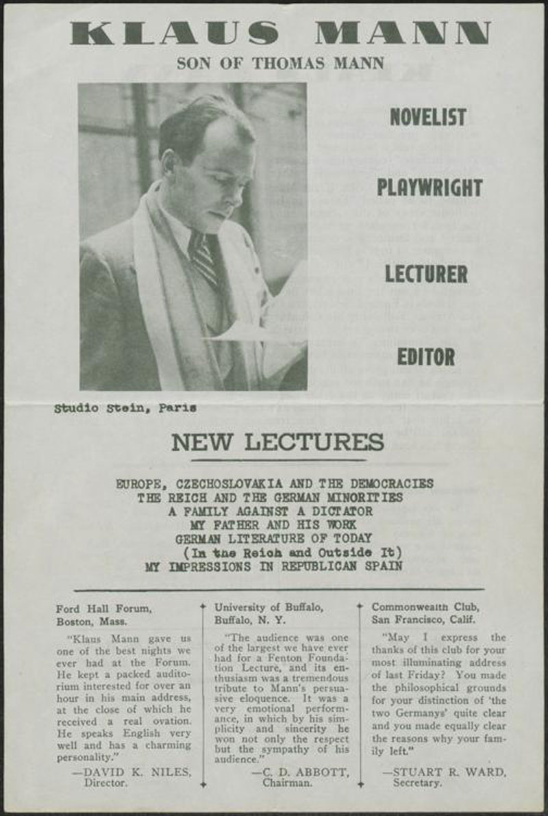 Flyer mit Ankündigungstext zu einer Lecture mit Klaus Mann, mit Foto von ihm.