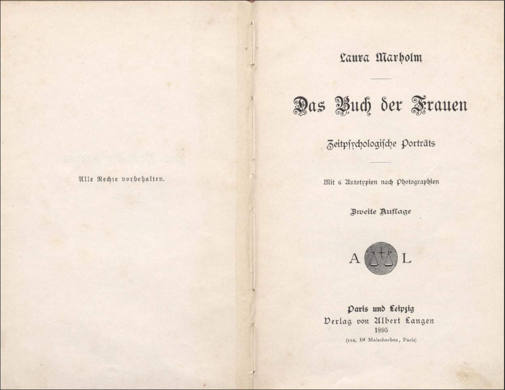 Aufgeschlagenes Buch: Laura Marholm, Das Buch der Frauen, Albert Langen Verlag 1895.