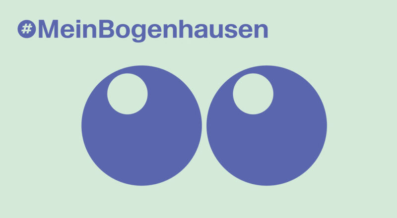 Mitmach-Aktion #MeinBogenhause, blaue abstrakte Augen blicken hoch zum Hashtag