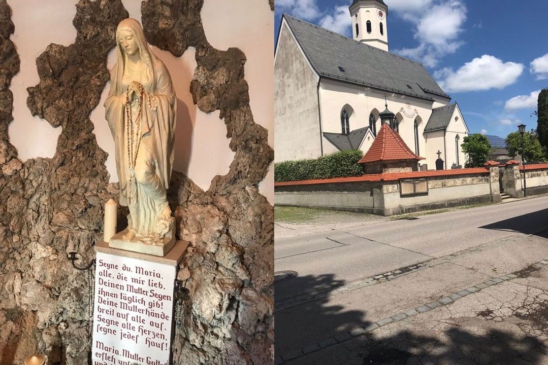 zweigeteiltes Bild: Links Madonna mit Text, rechts Kirche in Großhöhenrain. Skulptur von Irene Georgii-Hildebrand