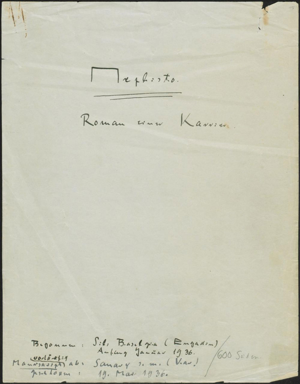 Erste Seite des handschriftlichen Manuskriptes von Klaus Mann «Mephisto. Roman einer Karriere» von 1936, einsehbar auf der Plattform monacensia-digital.