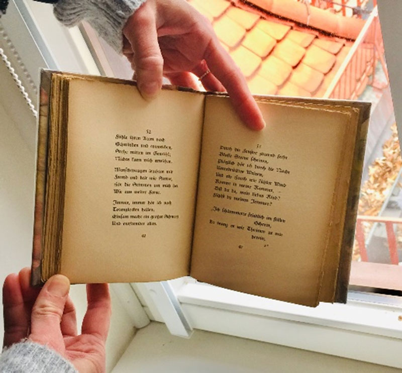 Hände halten aufgeschlagenes Buch von Mia Holm, Mutterlieder aus dem Albert Langen Verlag 1902