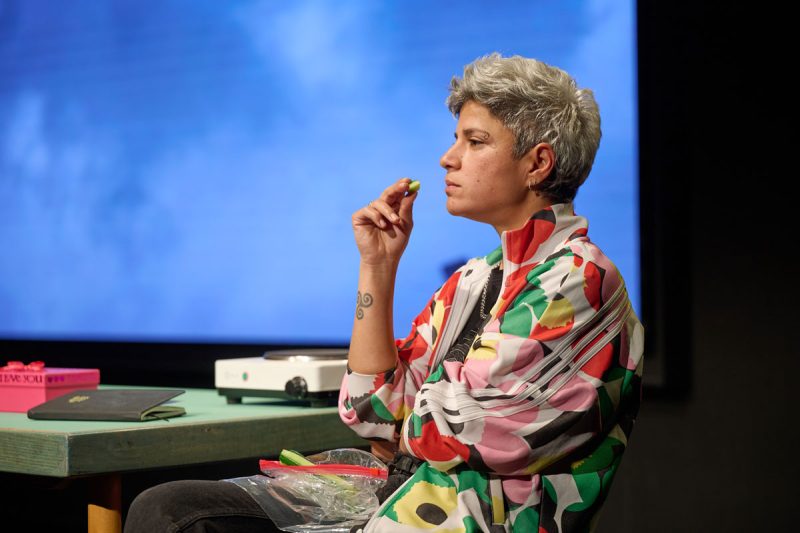 Frau auf Bühne im Profil sitzend in bunter Jacke, daneben grüner Tisch mit Objekten, im Hintergrund ein großer blauer Screen: Rania Mleihi, Theaterstück May Personal Ten Years, Staatstheater Nürnberg.