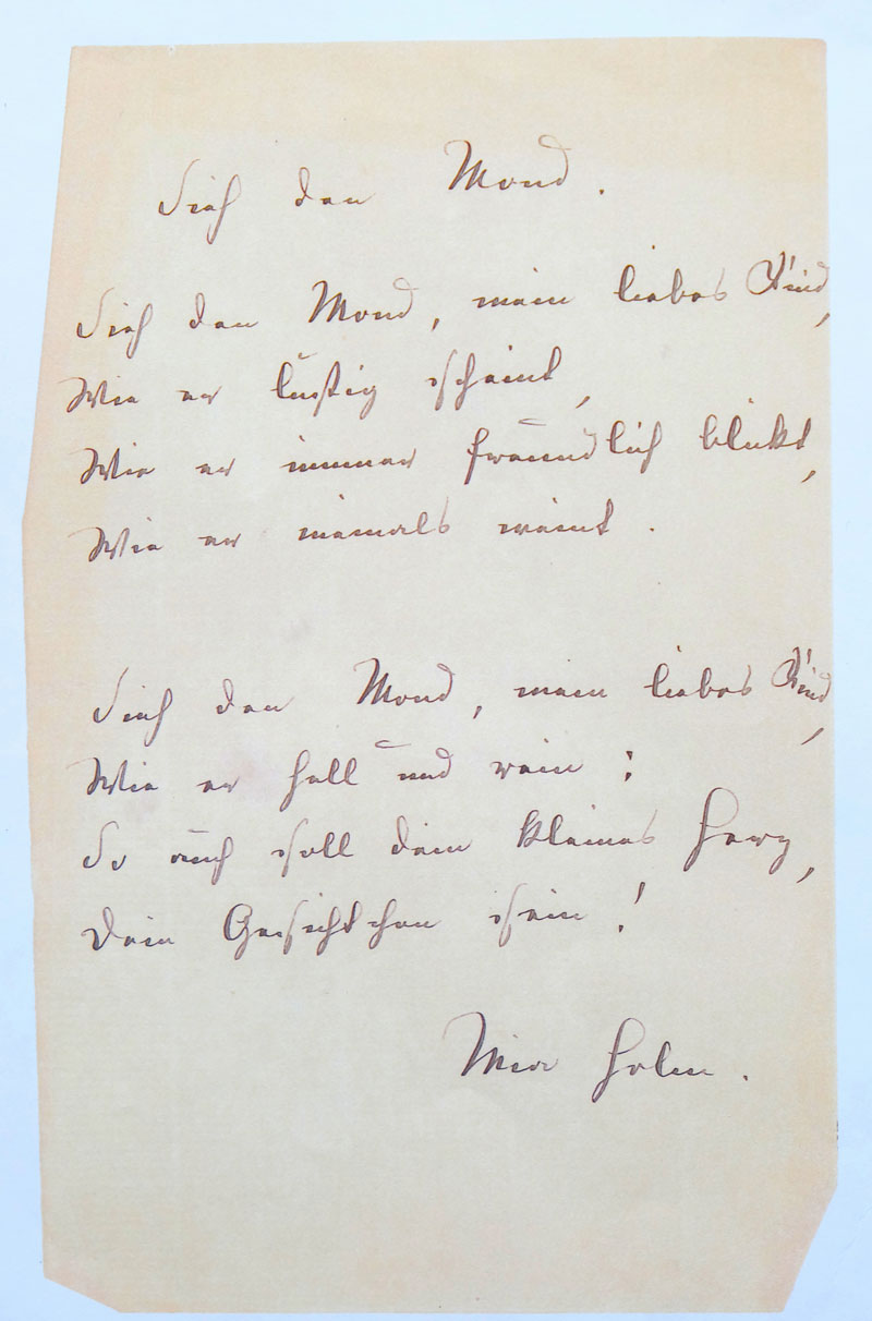 Blatt mit handgeschriebenen Gedich "Sieh den Mond" von Mia Holm