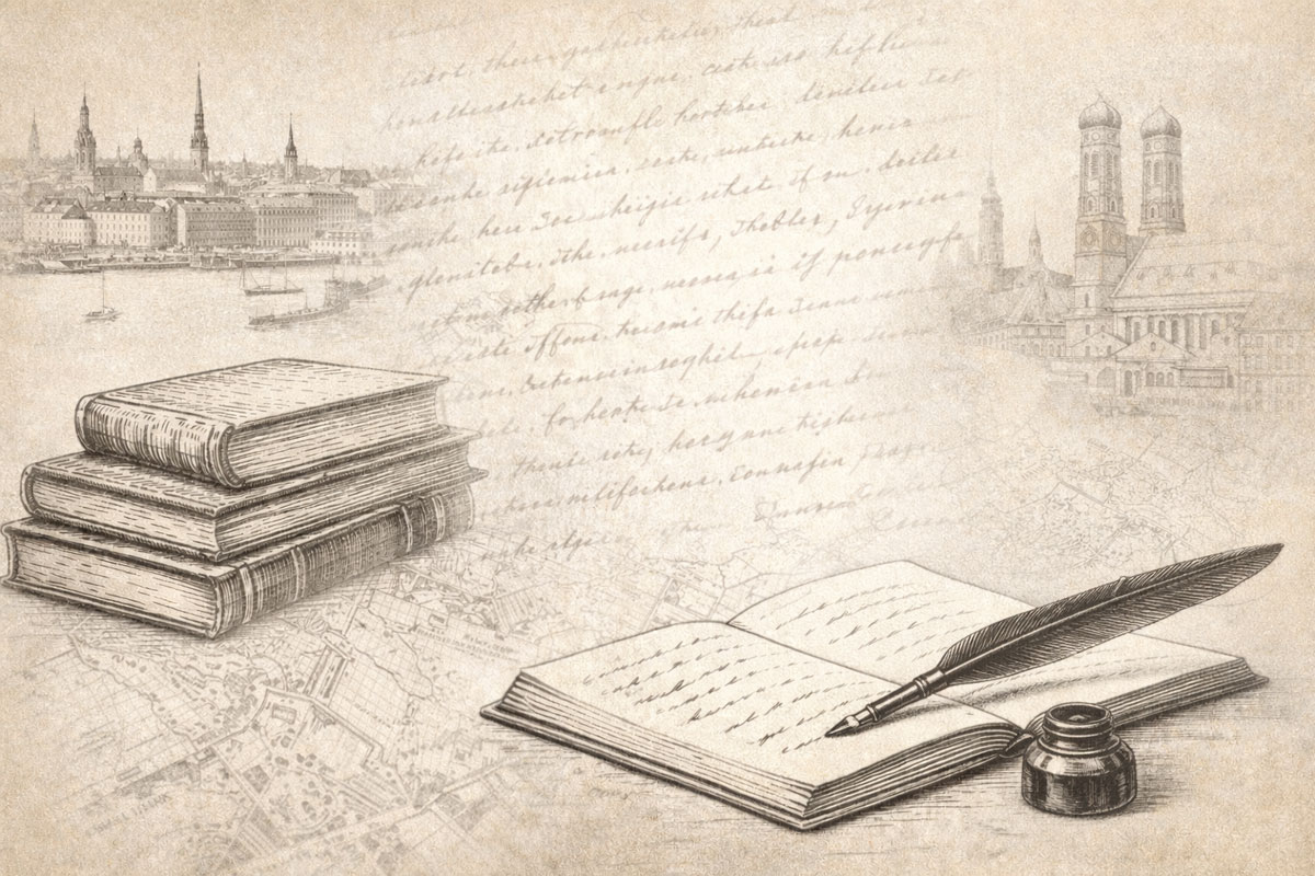 Symbolische Bildcollage mit Notizbuch, frühem Füllfederhalter, Büchern und historischen Stadtansichten von Riga und München um 1900.