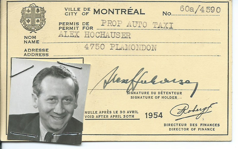 Taxifahrer-Lizenz der Stadt Montreal für Alex Hochhäuser mit Lichtbild von 1954