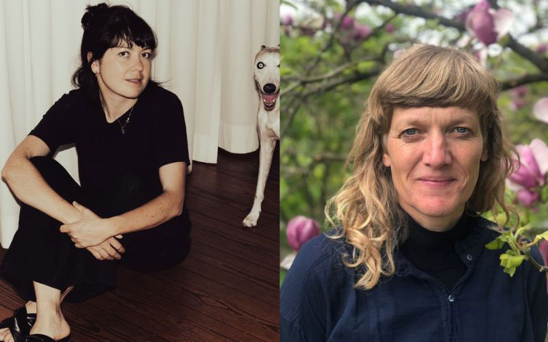 Fotocollage mit einer hockenden Frau und Hund und Frau mit schulterlangen Haaren im Grünen: Dana von Suffrin und Christiane Huber